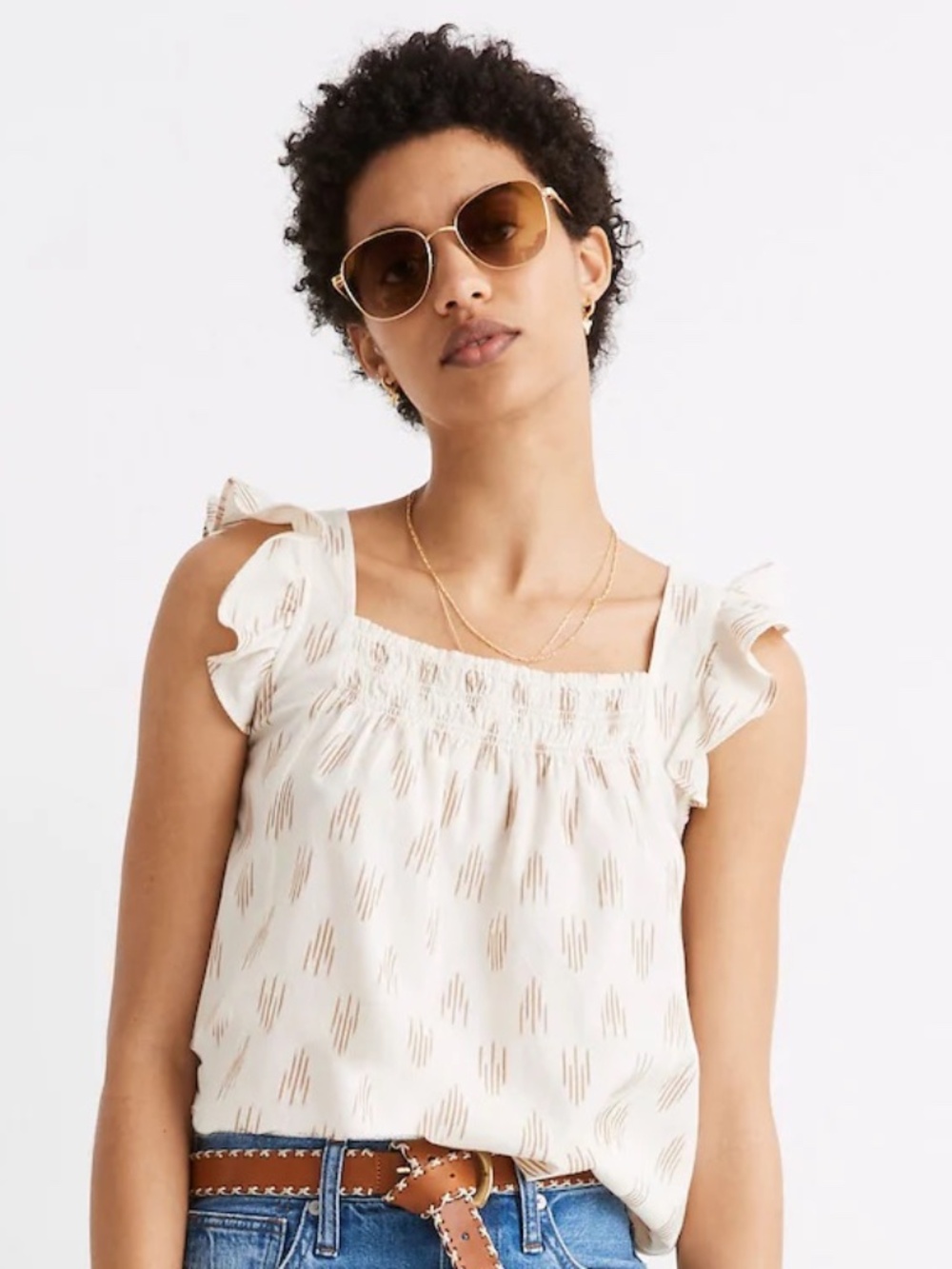 Madewell Cream Smocked Ruffle Straps Tank Top In Ikat Sz M